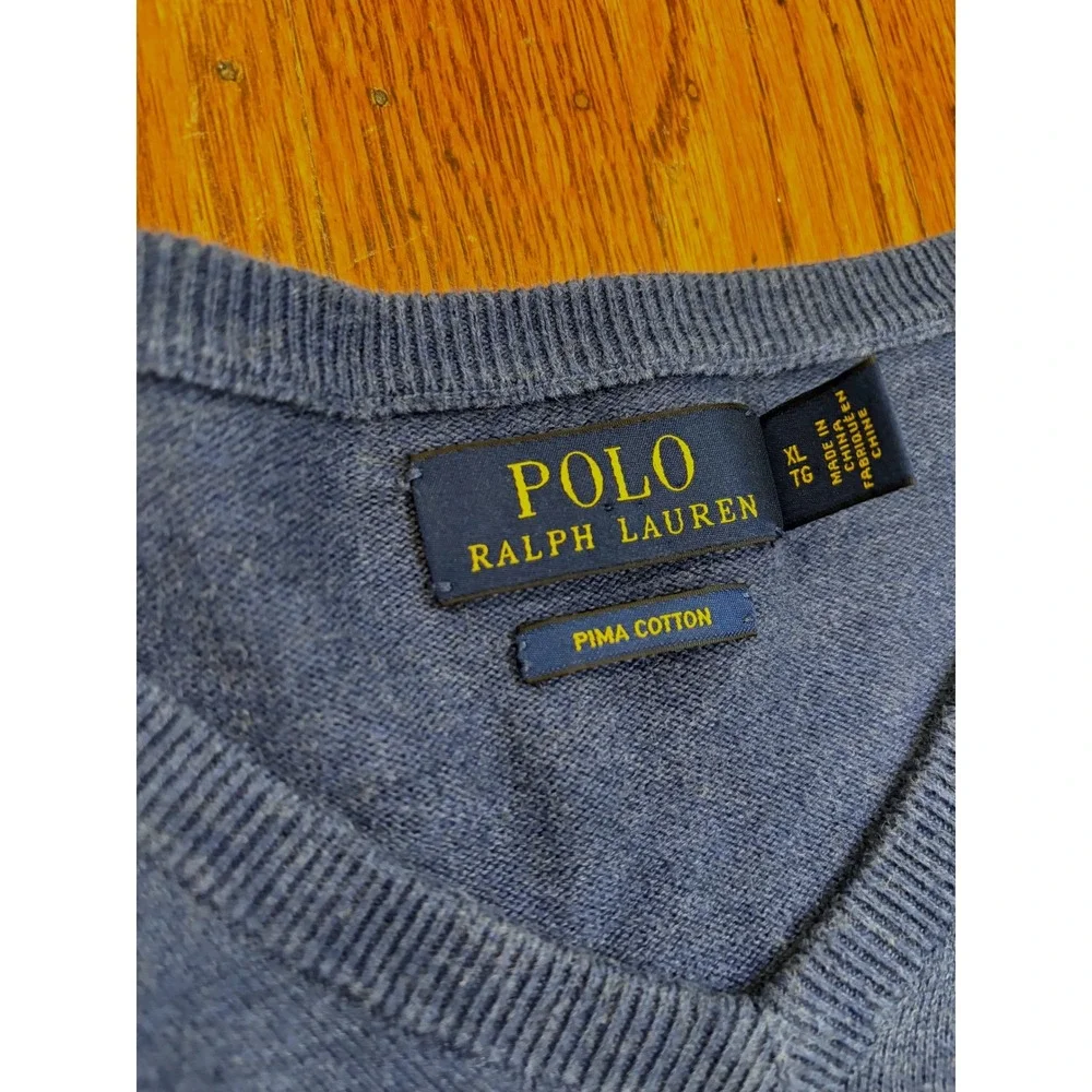 Polo Ralph Lauren Men XL Blue Pima Cotton V-Neck Sweater Heathered Pony Logo